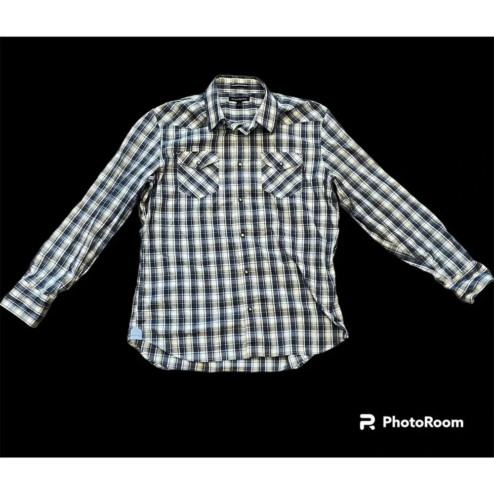 Banana Republic Men Size L Blue Windowpane Cotton Pearl Snap Long Sleeve Shirt